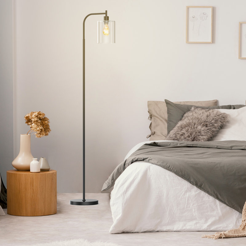 Rogan Modern Standing Tall Industrial Arched Arc Floor Lamp with Glass Shade and 2 Bulbs Included Ebern Designs Base Finish Black